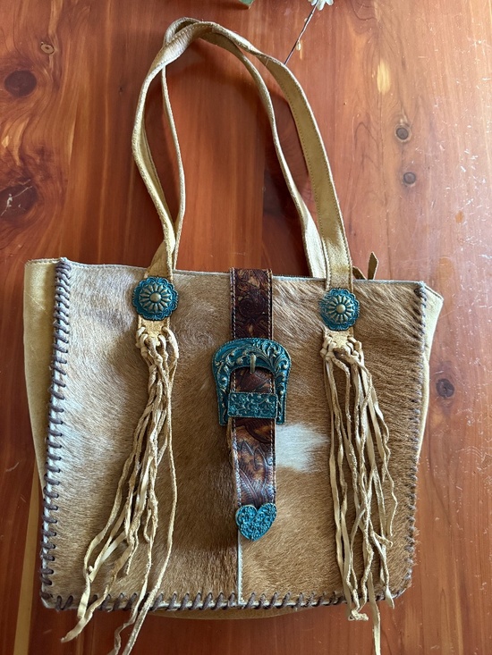 Handbags - hand made leather cowhide tooled stitched fringe tote